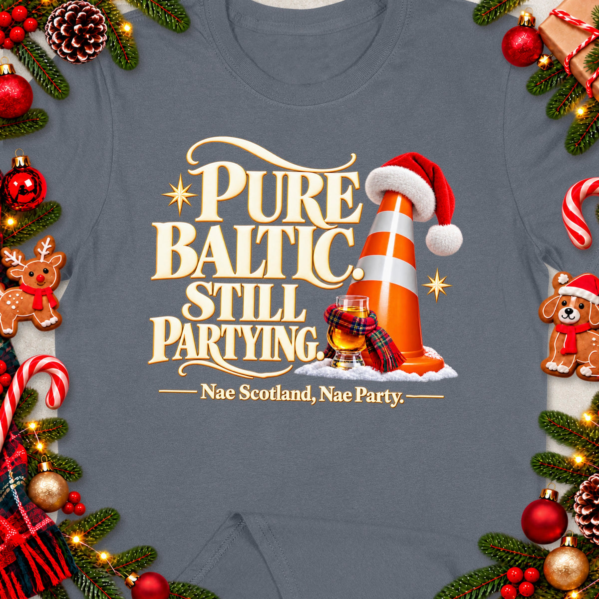 T-shirt graphic with text "Pure Baltic Still Partying" and a festive cone.