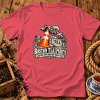 Pink t-shirt with a graphic of a traffic cone, pirate hat, and the text Boston Tea Party.