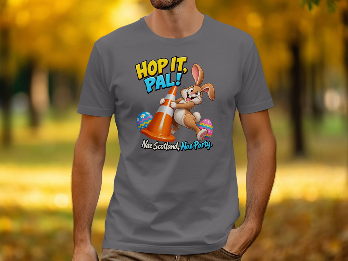Grey t-shirt with cartoon rabbit holding traffic cone and text "Hop it, Pal!".