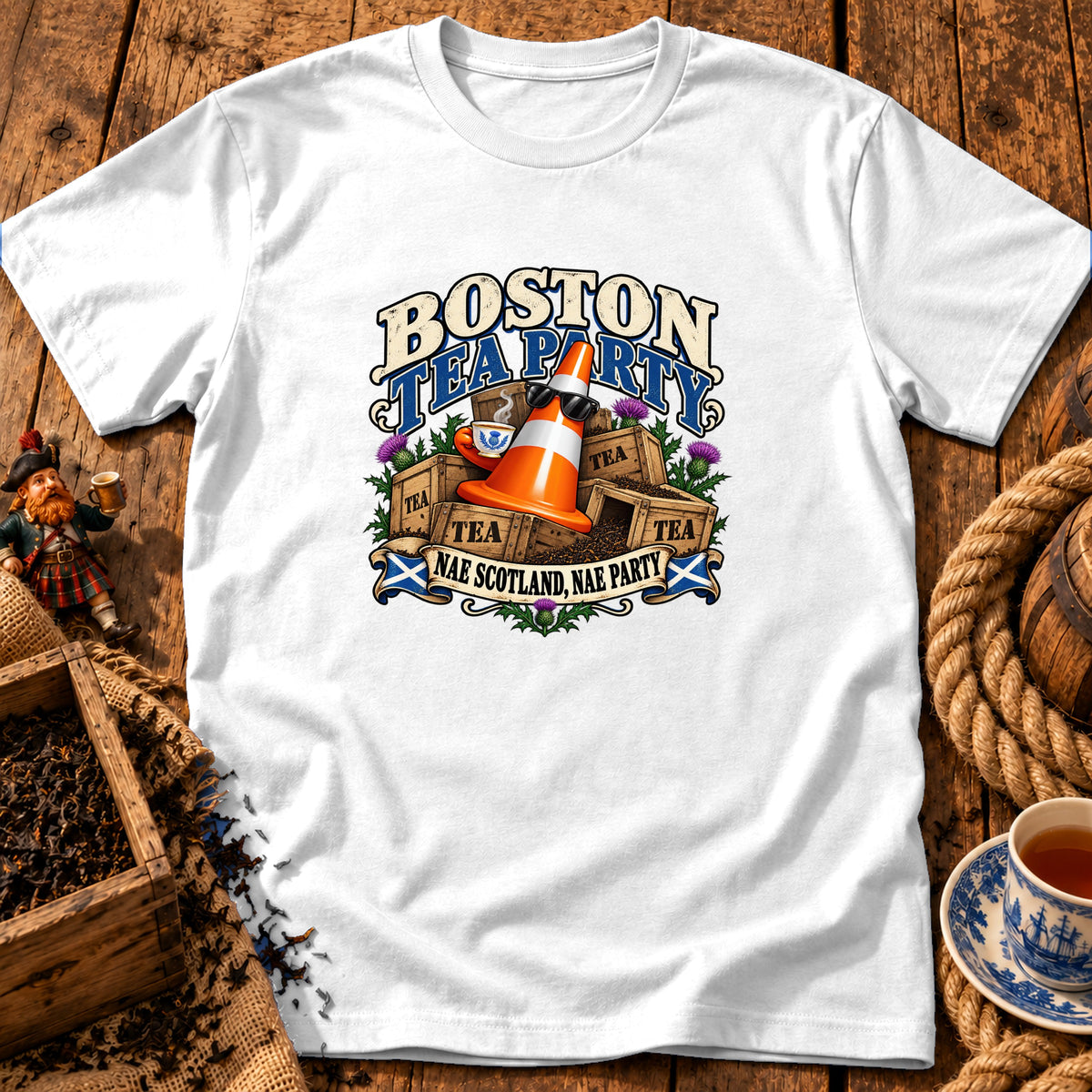 A white t-shirt featuring a graphic with a traffic cone in sunglasses holding a teacup amidst stacked tea crates, with text reading Boston Tea Party and Nae Scotland, Nae Party.