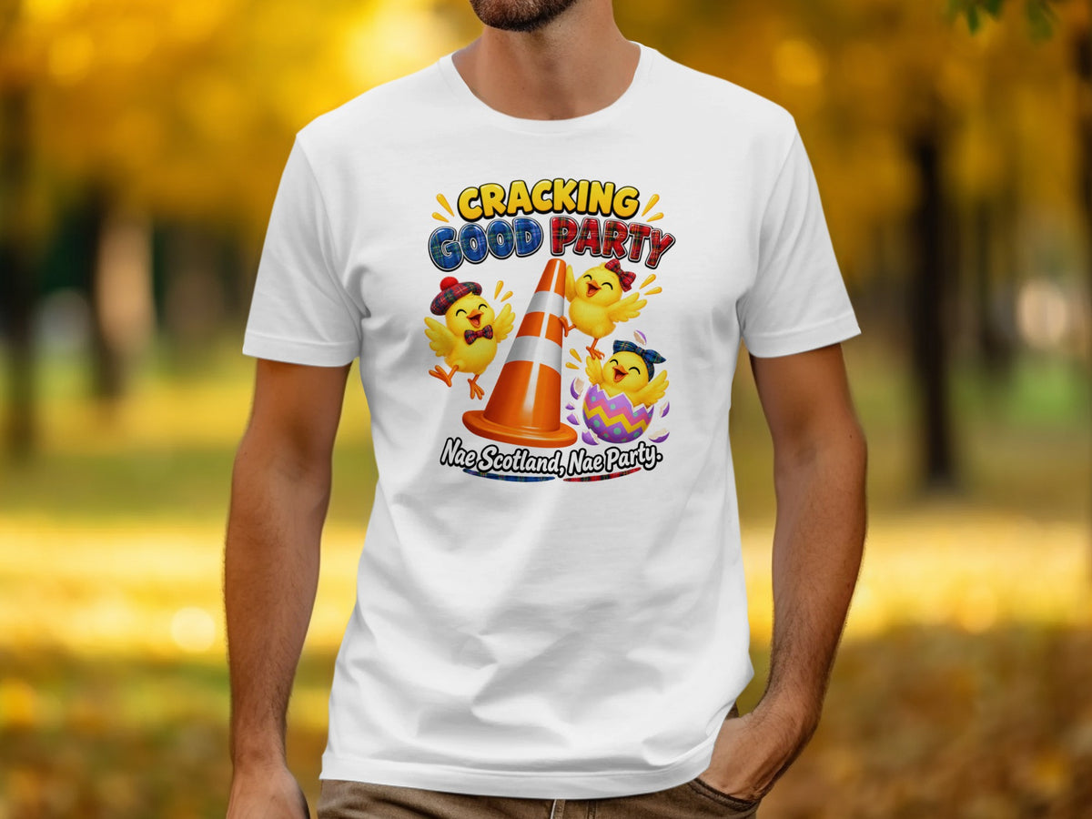 Three chicks celebrate with a traffic cone and Easter egg, with text "Cracking Good Party".