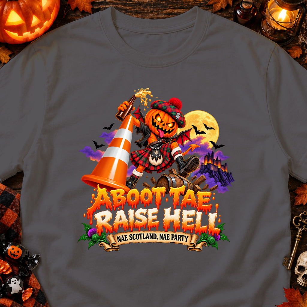 Pumpkin devil in kilt holding beer, "Aboot Tae Raise Hell" text.