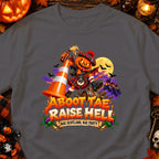 Pumpkin devil in kilt holding beer, "Aboot Tae Raise Hell" text.