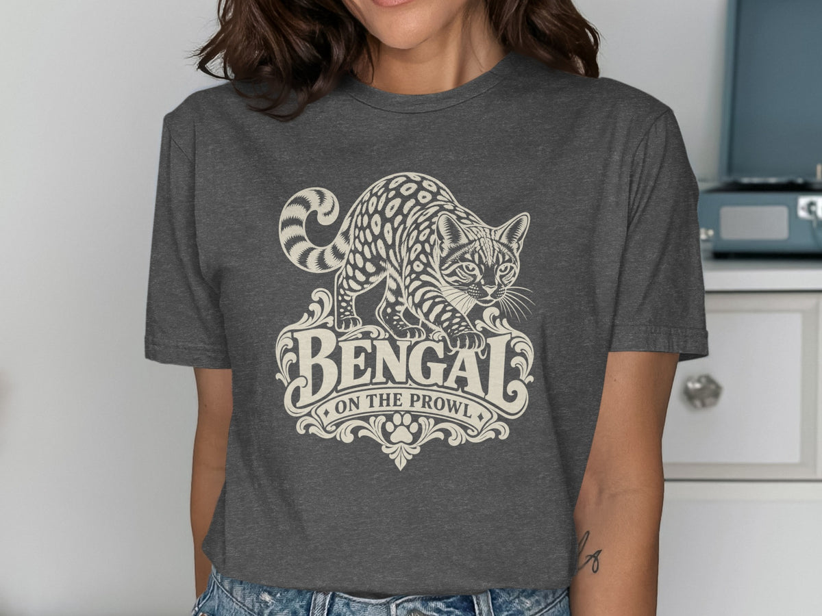 Dark t-shirt with a Bengal cat illustration and text reading "Bengal On The Prowl".