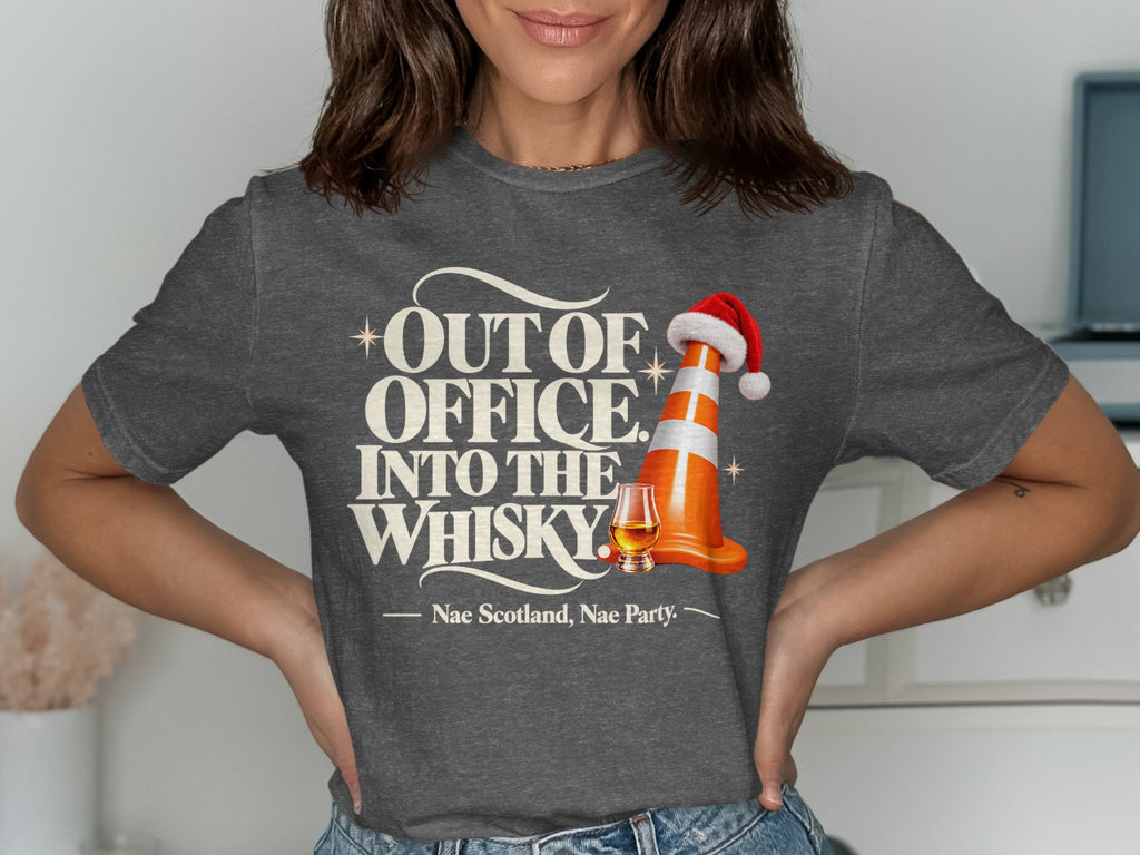 T-shirt with "Out of Office, Into the Whisky" text, traffic cone, and whisky glass.