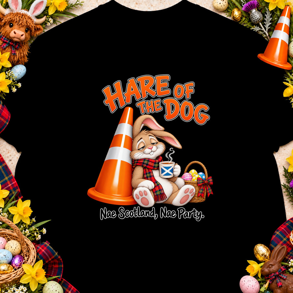 Bunny in scarf leans on traffic cone, holding Scottish flag mug. "Hare of the Dog" text.