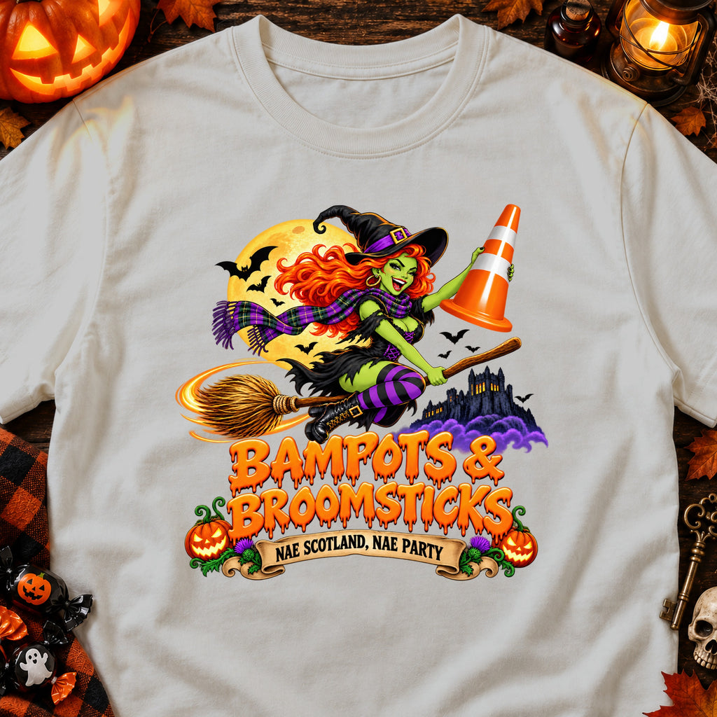 Witch with traffic cone on broomstick with "Bampots & Broomsticks" text.