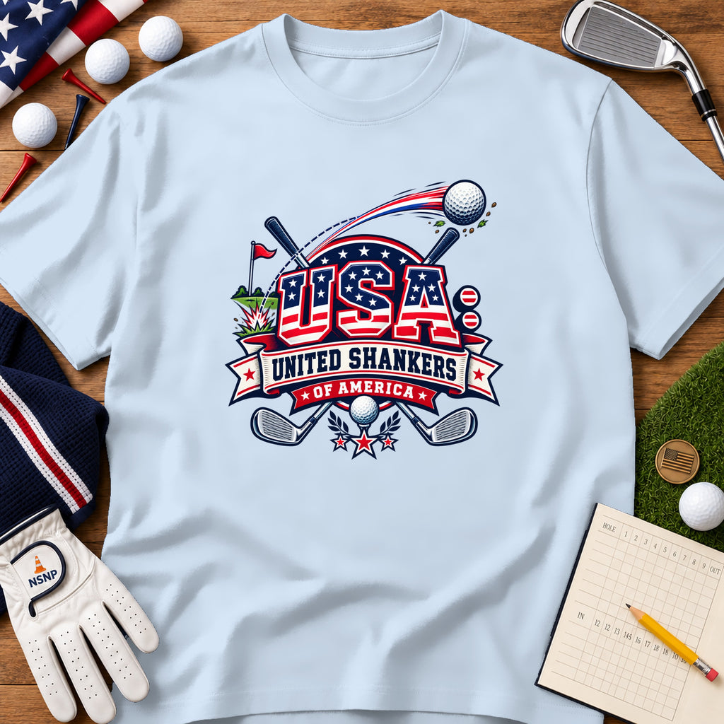 Light blue t-shirt featuring a red, white, and blue graphic that reads USA United Shankers of America with golf elements.