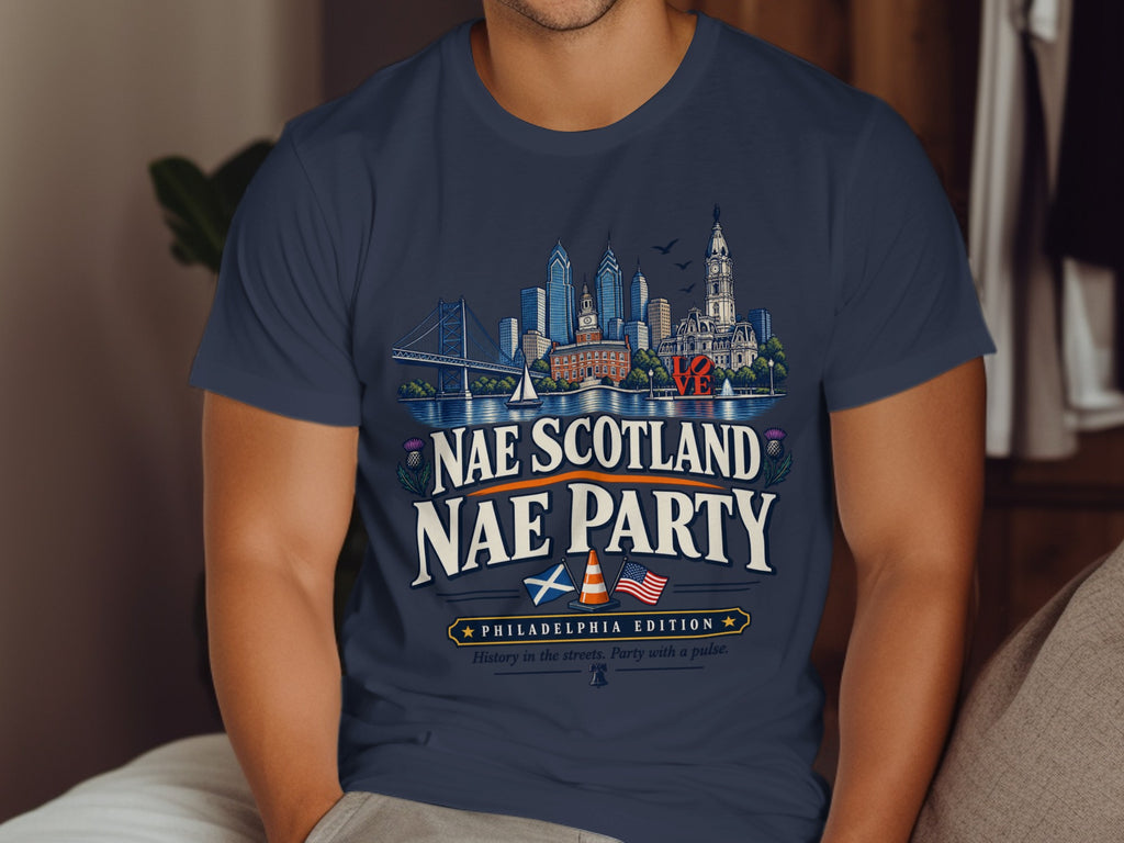Navy t-shirt with Philadelphia skyline and "Nae Scotland Nae Party" text.
