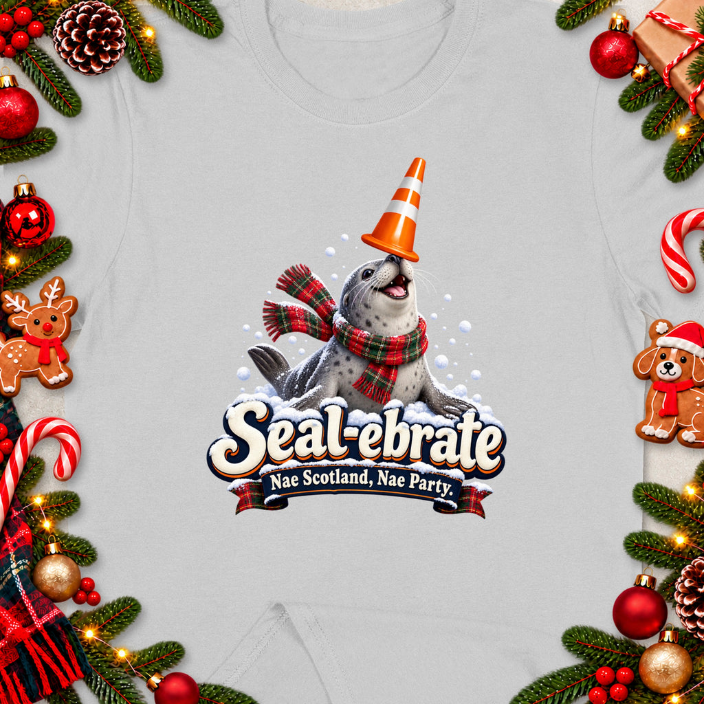 Seal wearing a scarf and traffic cone, "Seal-ebrate Nae Scotland, Nae Party."