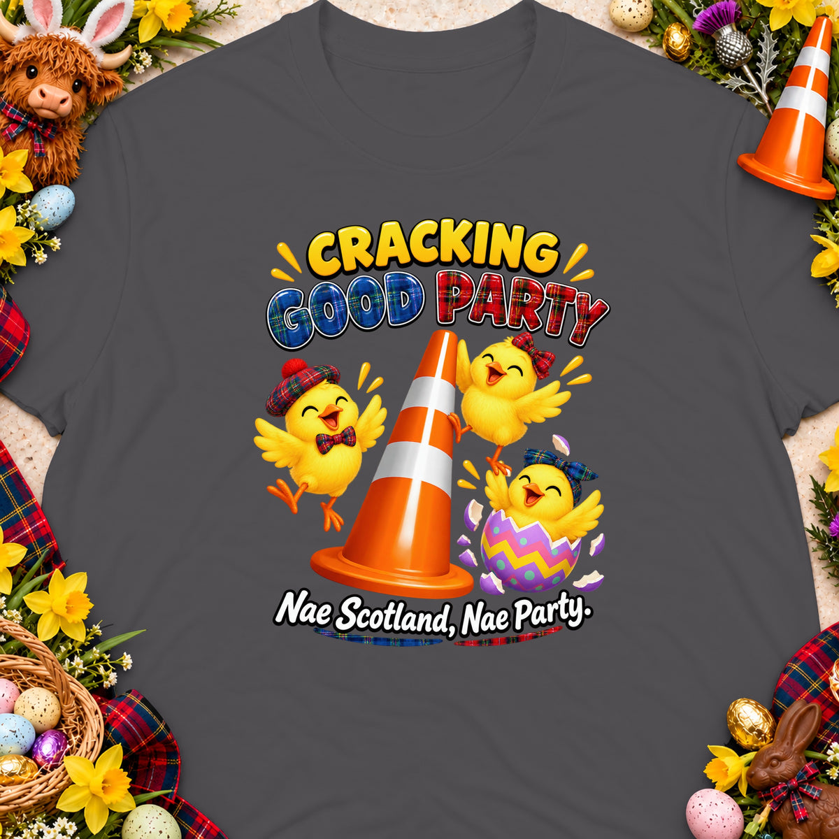 Three cartoon chicks with Scottish hats and bows, beside a traffic cone. Text reads "Cracking Good Party Nae Scotland, Nae Party."