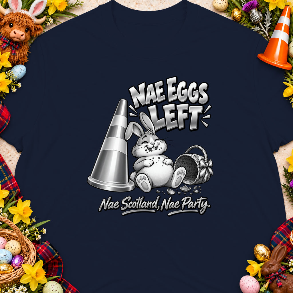 T-shirt graphic with a bunny, traffic cone, and text "Nae Eggs Left."