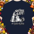 T-shirt graphic with a bunny, traffic cone, and text "Nae Eggs Left."