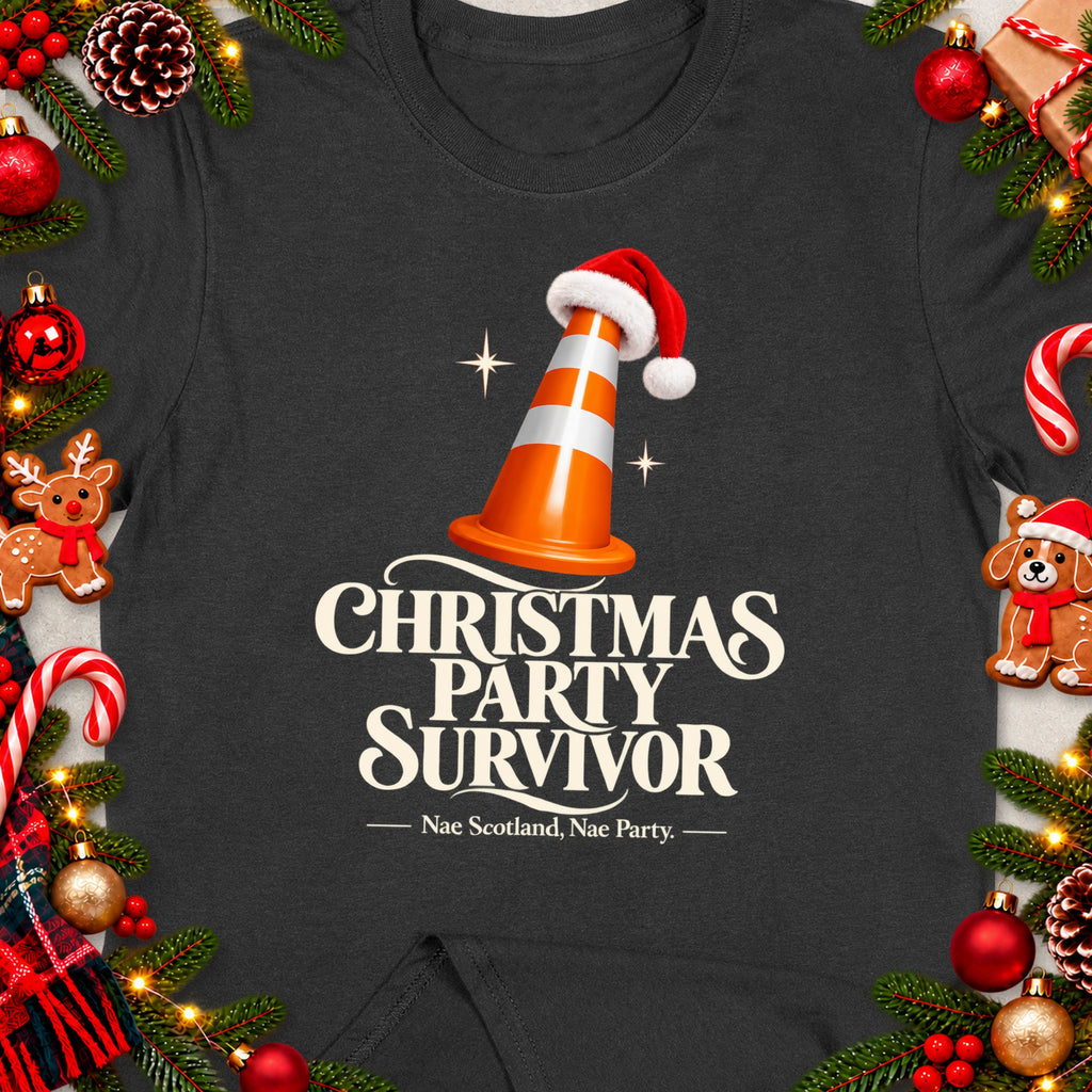 T-shirt with "Christmas Party Survivor" text and a traffic cone in a Santa hat.