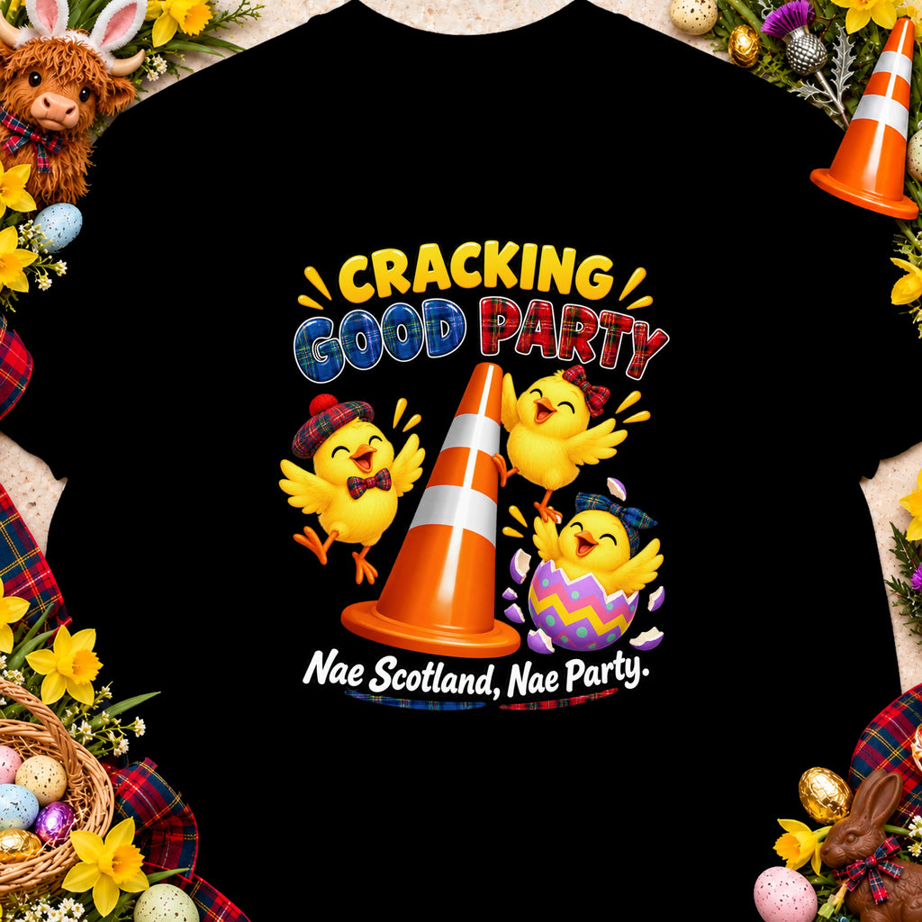 Three cartoon chicks celebrate around an orange traffic cone with "Cracking Good Party" text above.