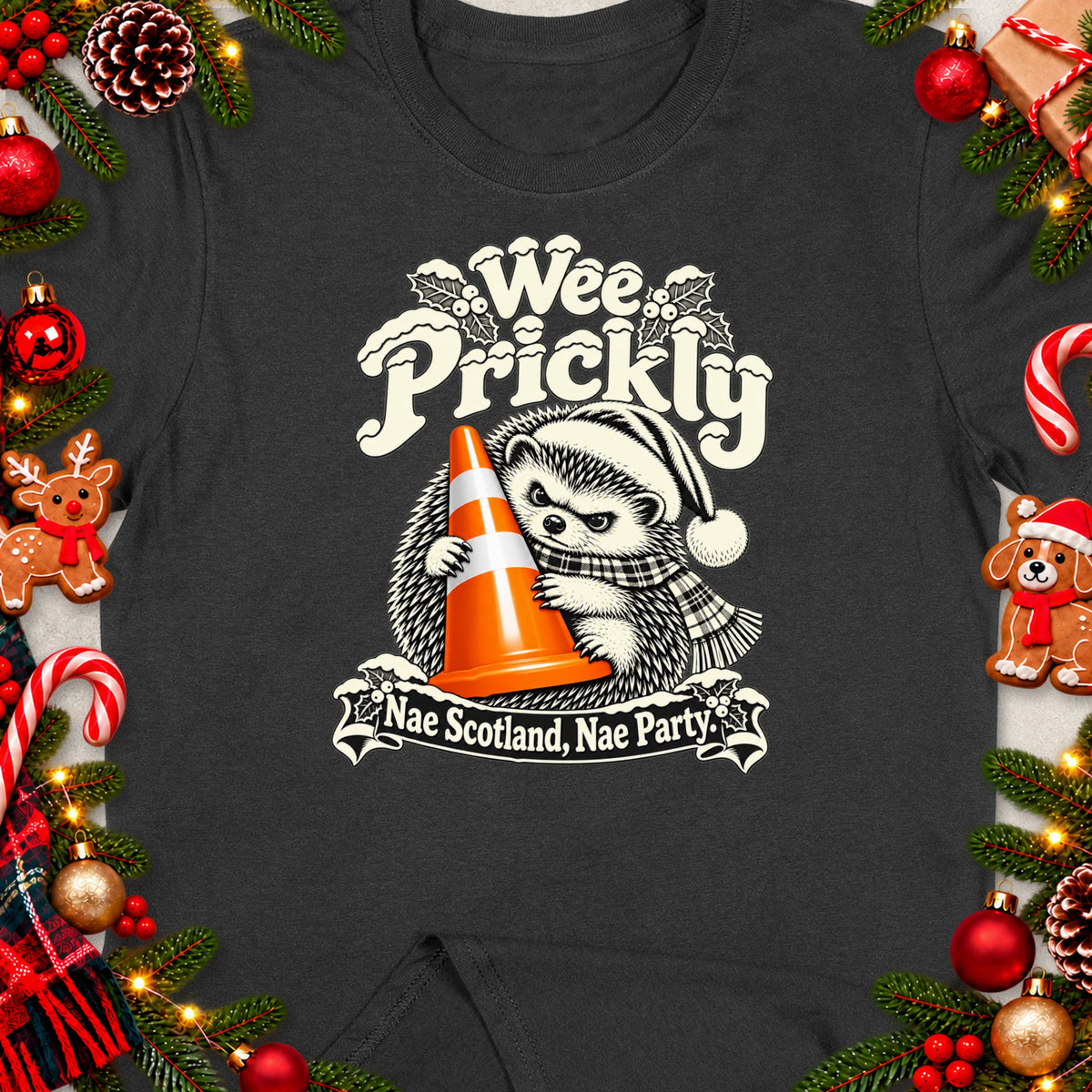 T-shirt featuring a hedgehog wearing a Santa hat holding an orange traffic cone with "Wee Prickly" text.