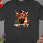 Highland cow wearing American flag cowboy hat and sunglasses, with "Nae Scotland, Nae Party" text.