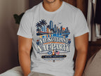 T-shirt graphic with Miami skyline, "Nae Scotland Nae Party" text, and Scottish and US flags.
