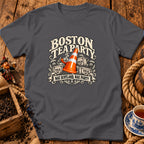 A dark grey crewneck t-shirt featuring a graphic with a traffic cone and text reading Boston Tea Party Nae Scotland, Nae Party.