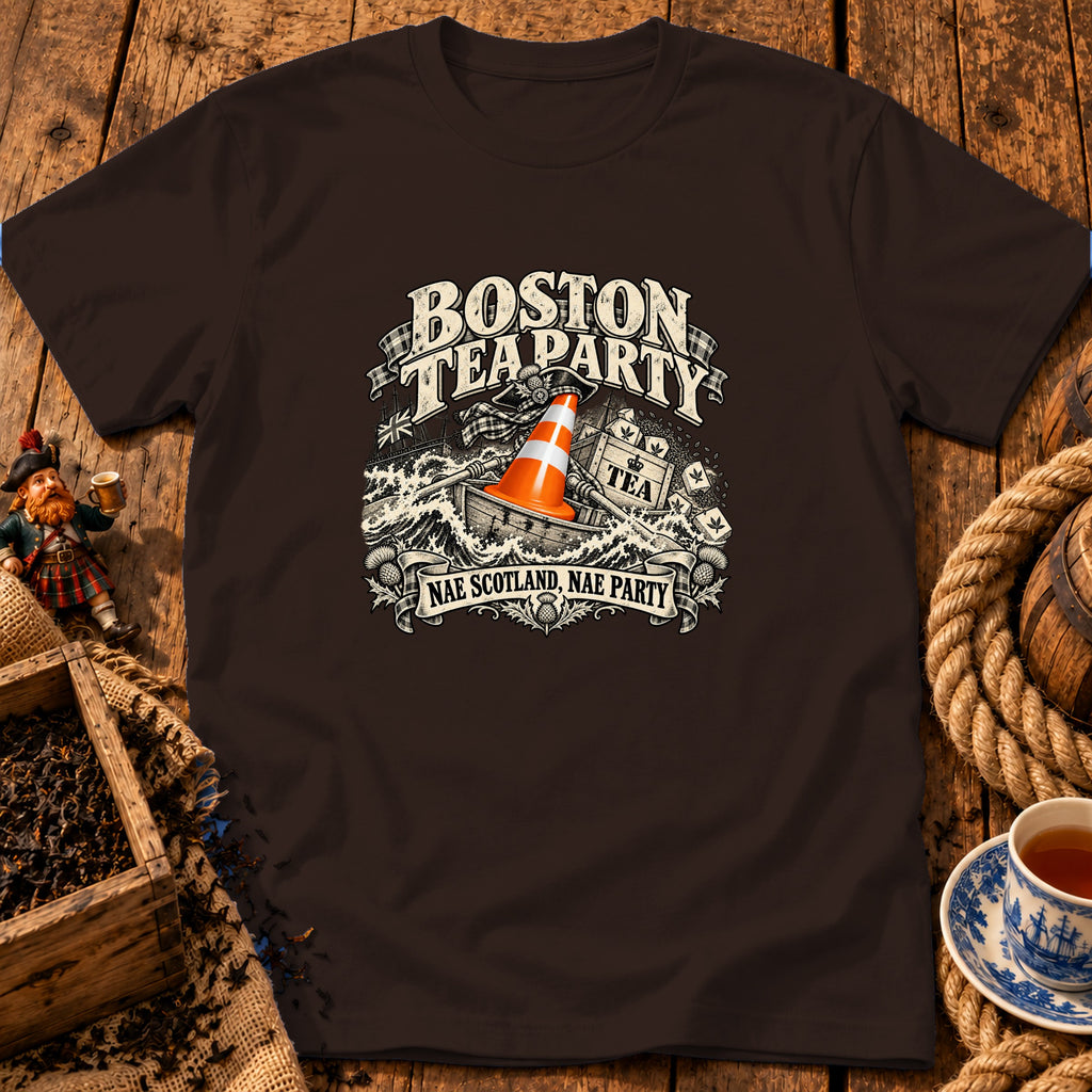 A dark brown t-shirt featuring a Boston Tea Party graphic with a traffic cone.