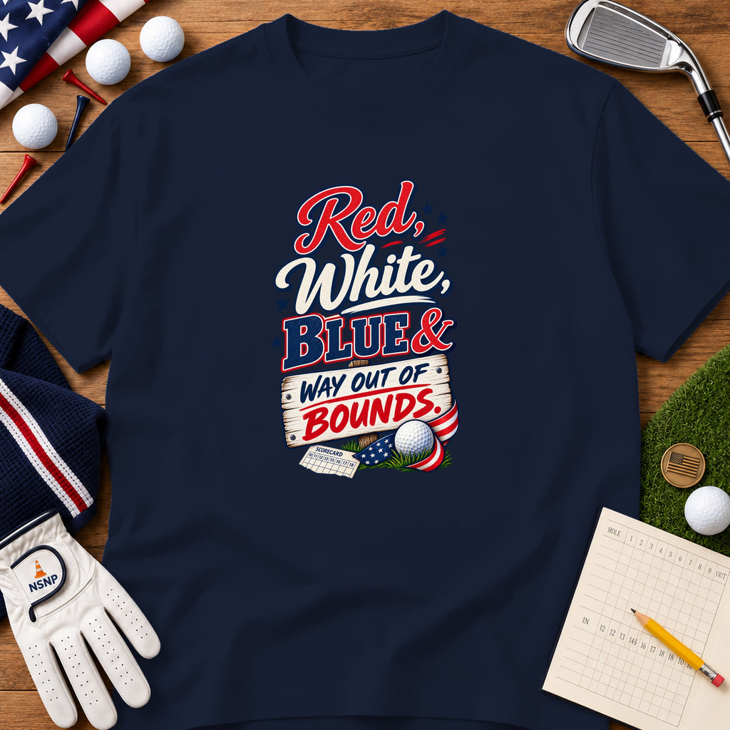 Dark blue t-shirt featuring a patriotic golf graphic, surrounded by golf balls, tees, a glove, and a scorecard.