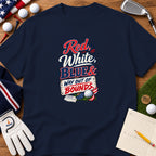 Dark blue t-shirt featuring a patriotic golf graphic, surrounded by golf balls, tees, a glove, and a scorecard.