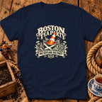 Dark blue t-shirt displaying a vintage graphic with a traffic cone in a teacup and text that reads Boston Tea Party.