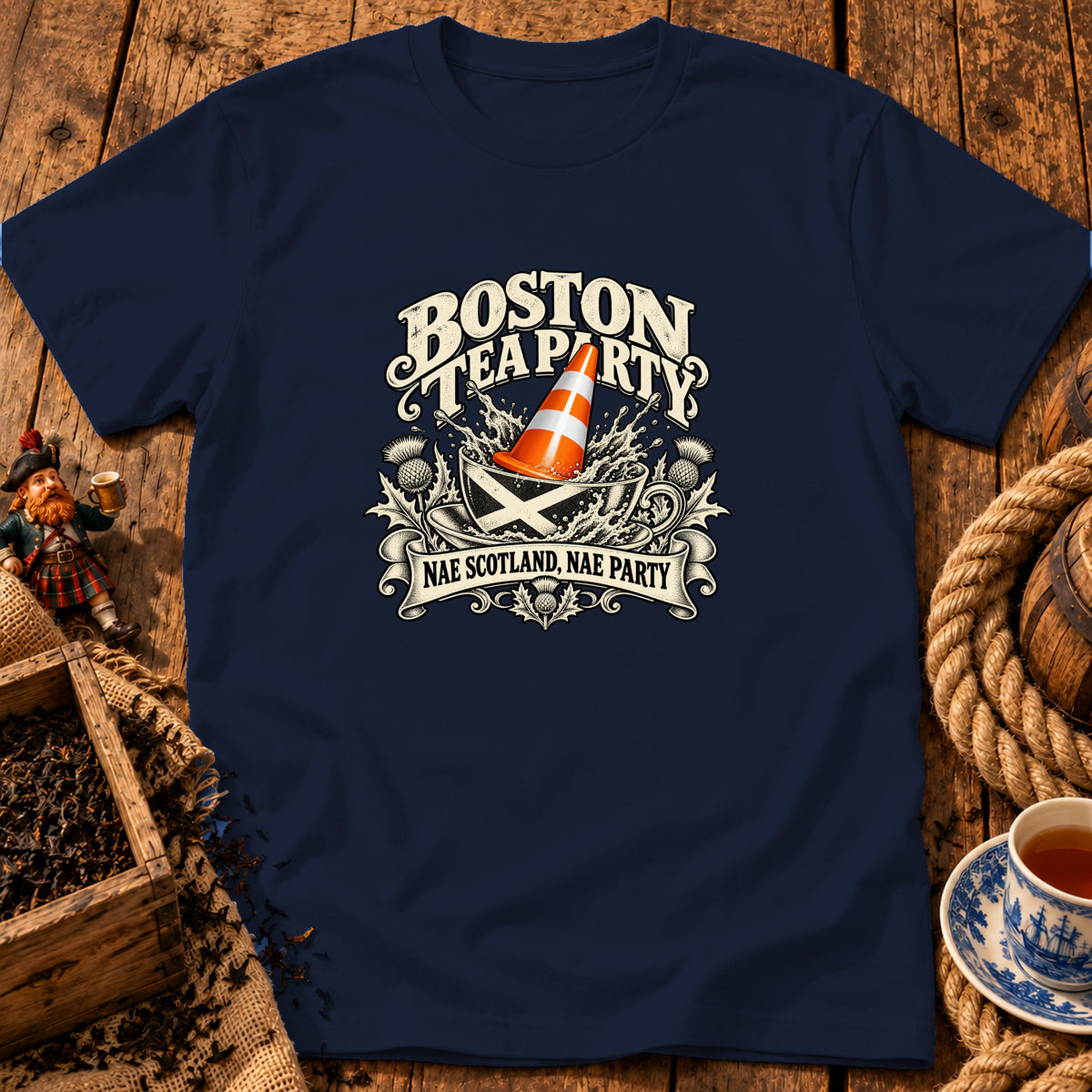 Dark blue t-shirt displaying a vintage graphic with a traffic cone in a teacup and text that reads Boston Tea Party.