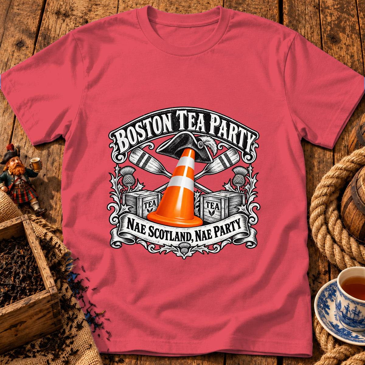 A red t-shirt with a graphic of a traffic cone, a tricorn hat, and tea crates.