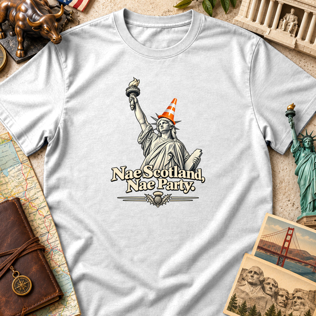 Statue of Liberty with traffic cone hat and text "Nae Scotland, Nae Party".
