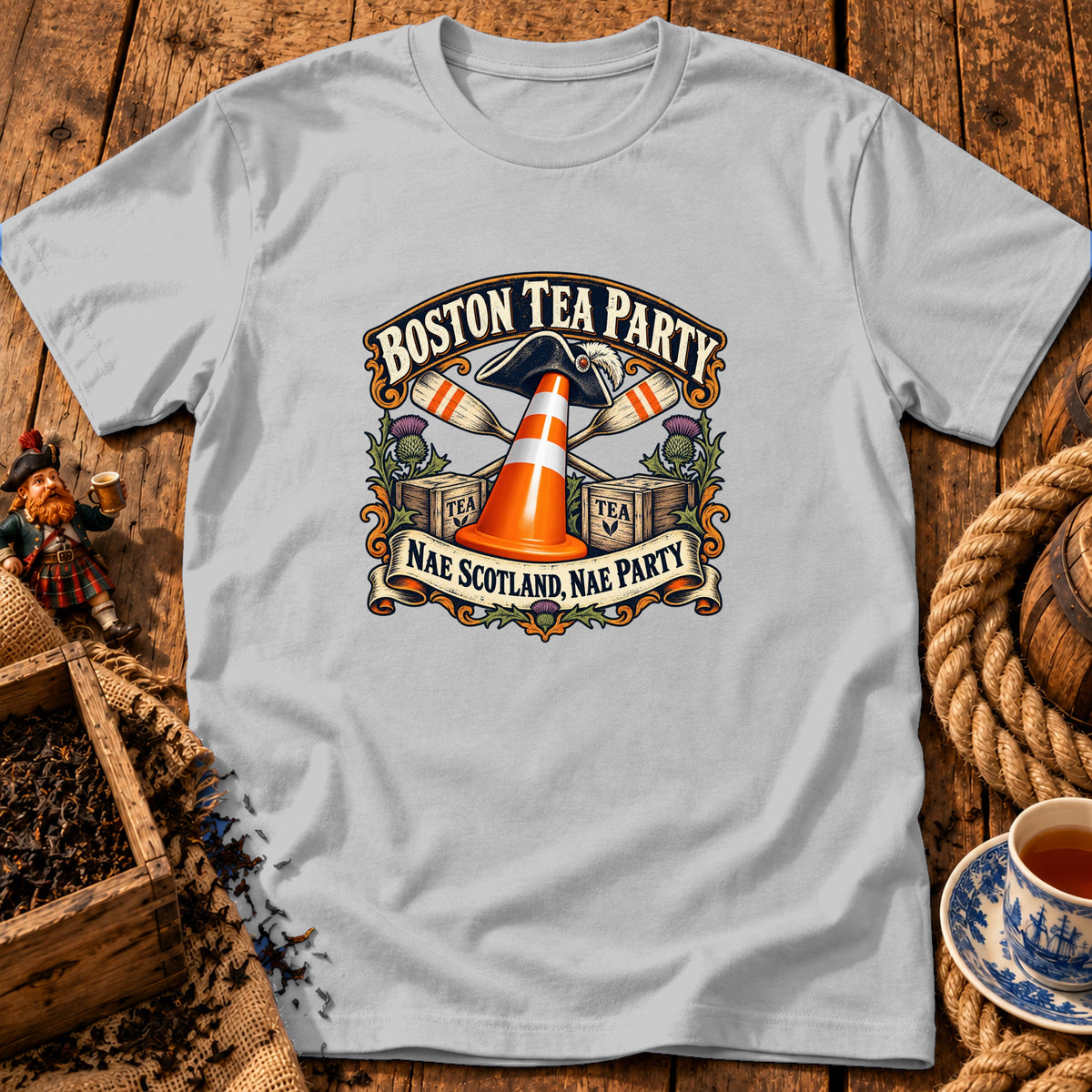 Light gray t-shirt with a Boston Tea Party design featuring a traffic cone wearing a tricorn hat.