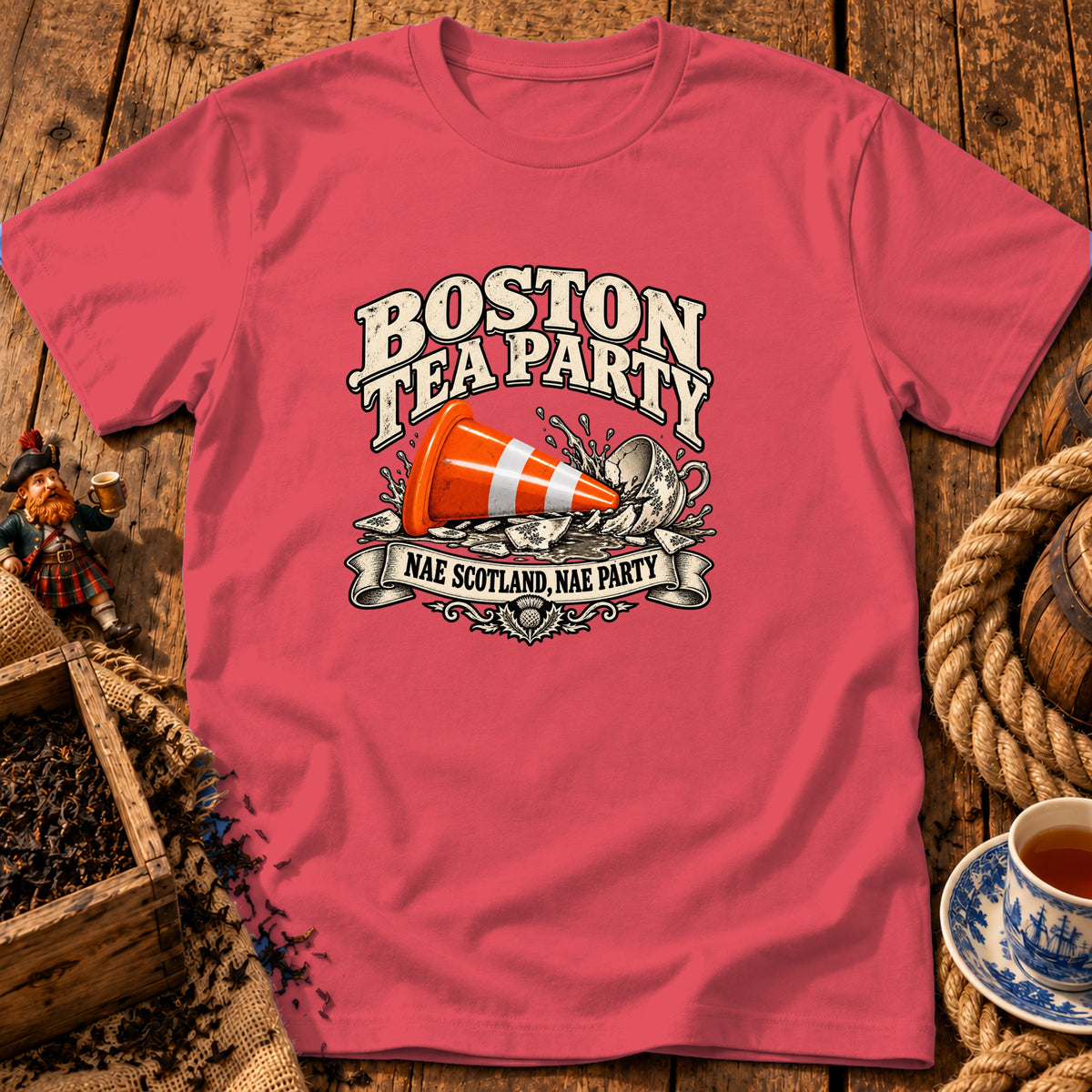 Coral crewneck t-shirt featuring a Boston Tea Party graphic with a traffic cone and shattered teacup.