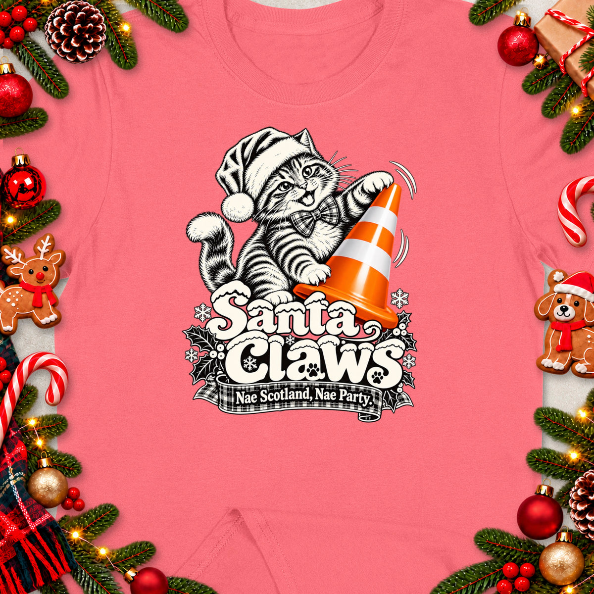 T-shirt with Santa Claws cat graphic and plaid ribbon saying "Nae Scotland, Nae Party."