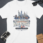White t-shirt with New York City skyline and Scottish flag graphic.
