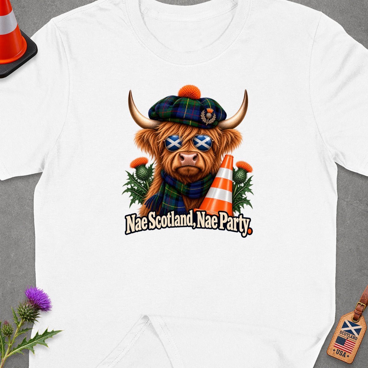 Highland cow wearing tartan hat, scarf, and sunglasses with "Nae Scotland, Nae Party" text.
