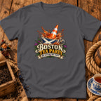 Dark gray t-shirt featuring a graphic of a teacup with a Scottish flag, traffic cone, and text reading Boston Tea Party, Nae Scotland, Nae Party.