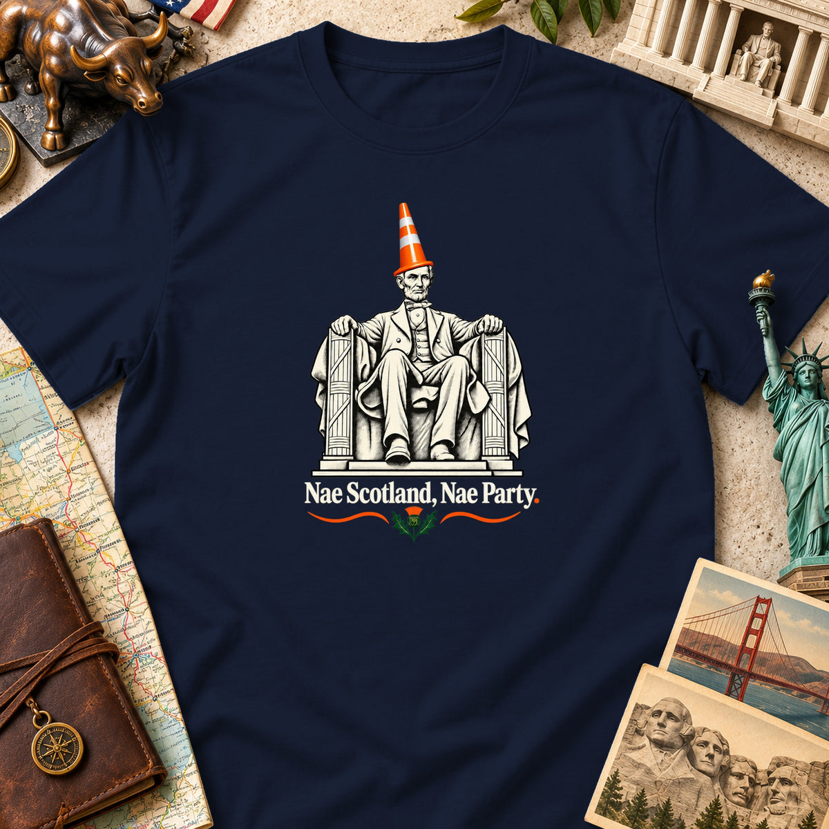 Dark blue t-shirt featuring the Lincoln Memorial statue wearing a traffic cone with the text Nae Scotland, Nae Party.
