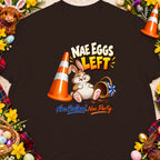 T-shirt with cartoon bunny, traffic cone, and "Nae Eggs Left" text.