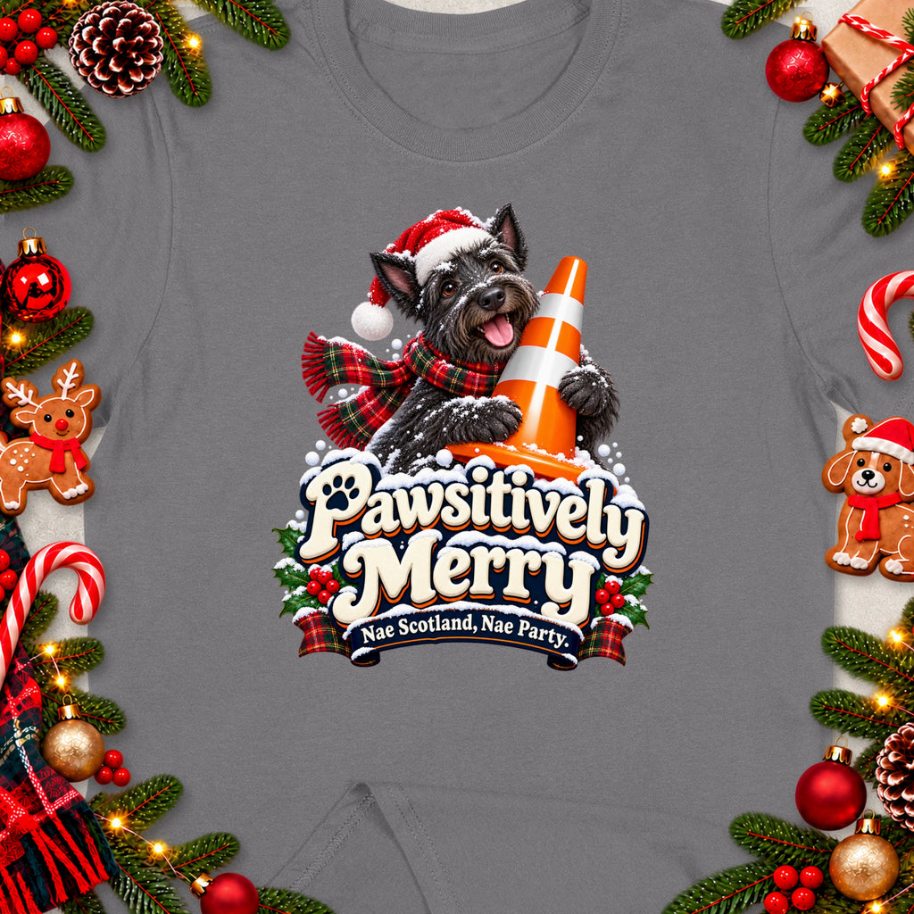 Gray t-shirt with a Scottish terrier in a Santa hat and scarf holding an orange traffic cone.