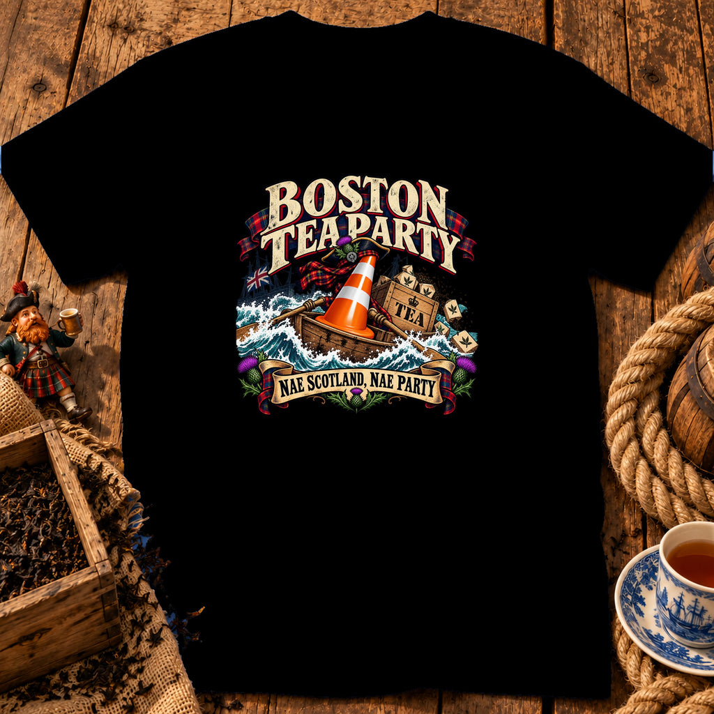 Black t-shirt featuring a graphic with a traffic cone on a boat and text reading Boston Tea Party, Nae Scotland, Nae Party.