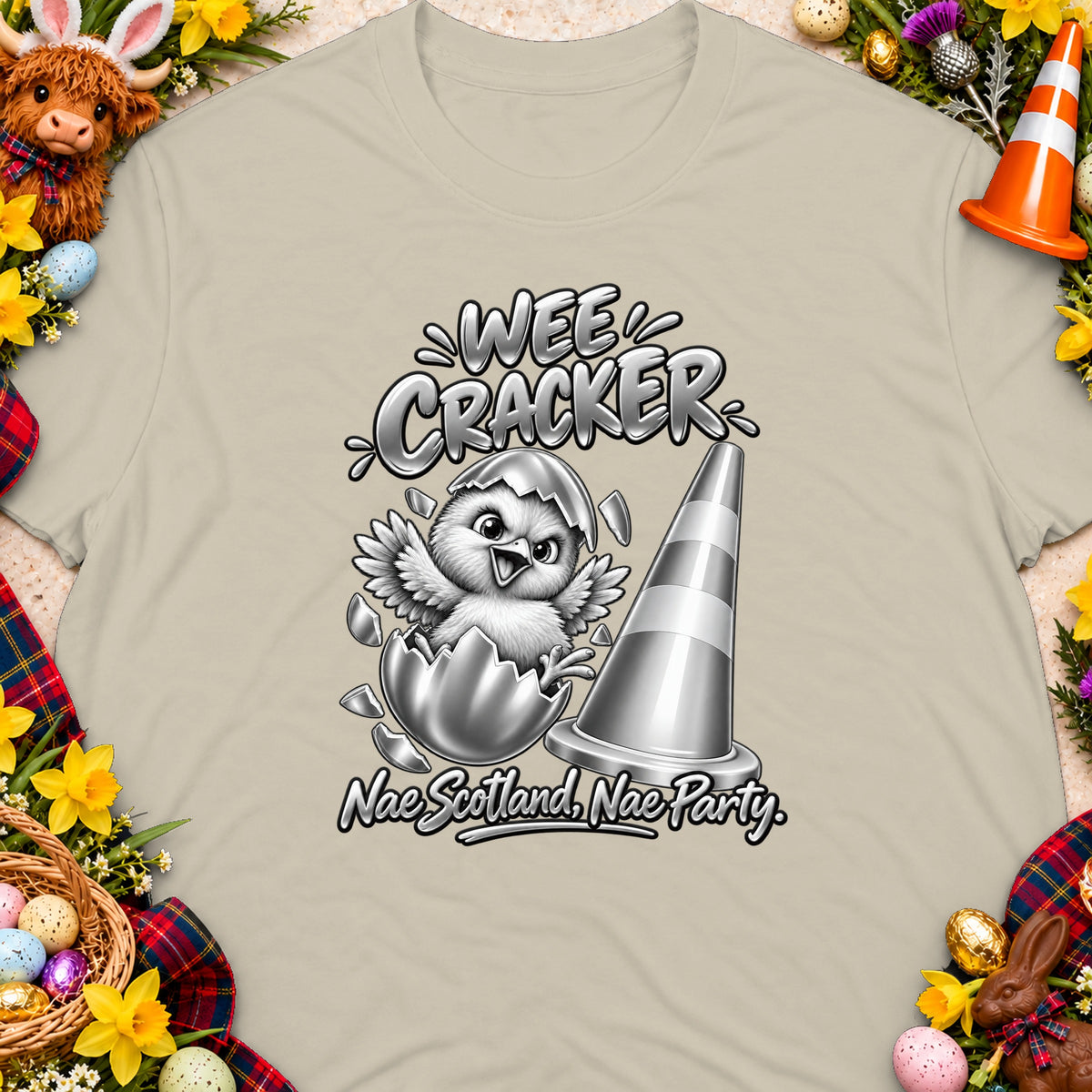 T-shirt with chick hatching from egg and text "WEE CRACKER Nae Scotland, Nae Party."
