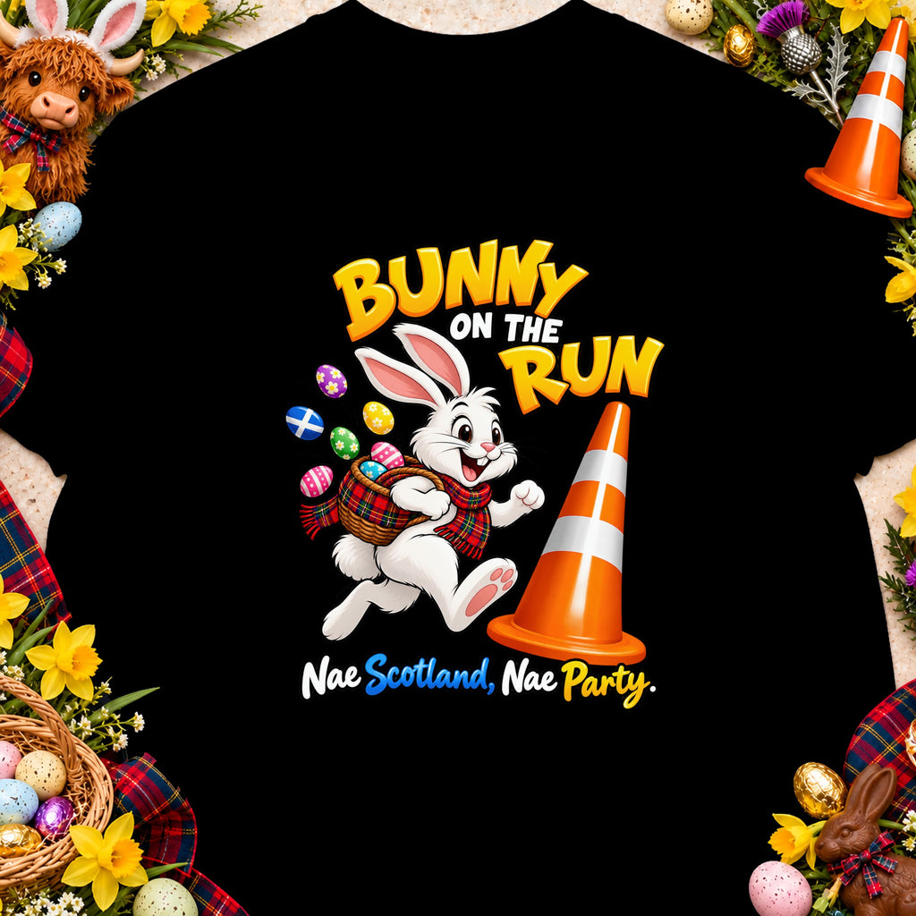 Bunny on the Run text with running rabbit, basket of eggs, traffic cone, and Scottish text.