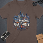 Brown t-shirt with Chicago skyline, Scottish and US flags, and text "Nae Scotland Nae Party".