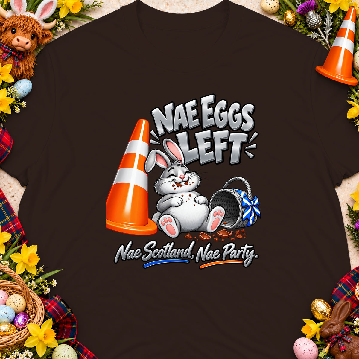 Cartoon rabbit with traffic cone and basket, text "Nae Eggs Left" and "Nae Scotland, Nae Party".