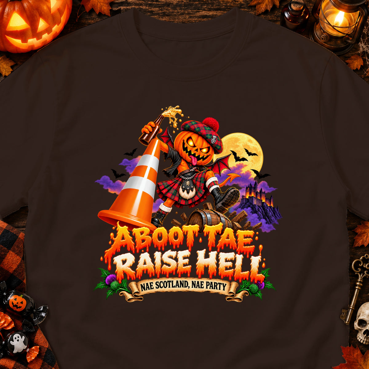 A Scottish pumpkin character on a dark shirt with "Aboot Tae Raise Hell" text.