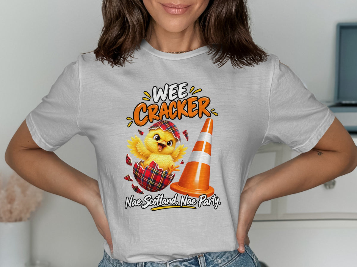 Chick hatching from a plaid egg next to an orange traffic cone with text.