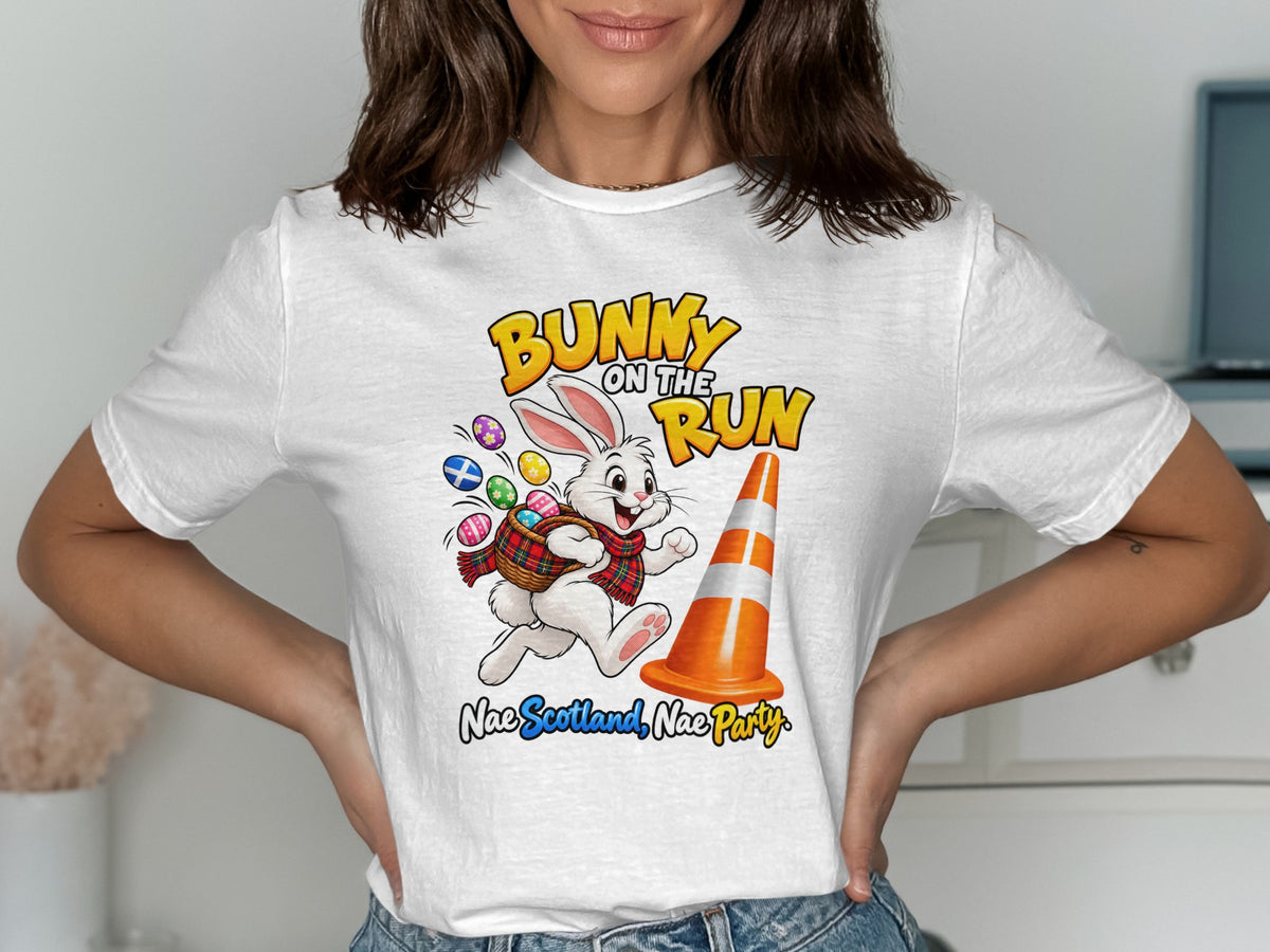 Bunny on the Run with Easter eggs and traffic cone, text "Nae Scotland, Nae Party."