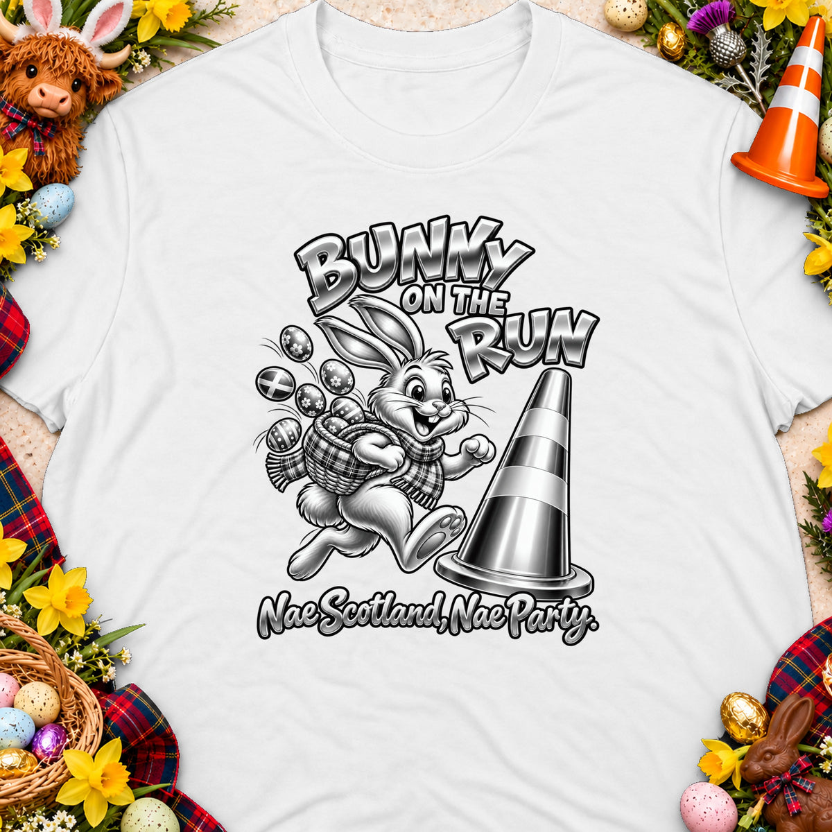 Bunny on the Run graphic with Scottish theme text "Nae Scotland, Nae Party".