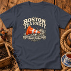 Dark gray t-shirt featuring a graphic with a traffic cone in a broken teacup and text reading "Boston Tea Party".