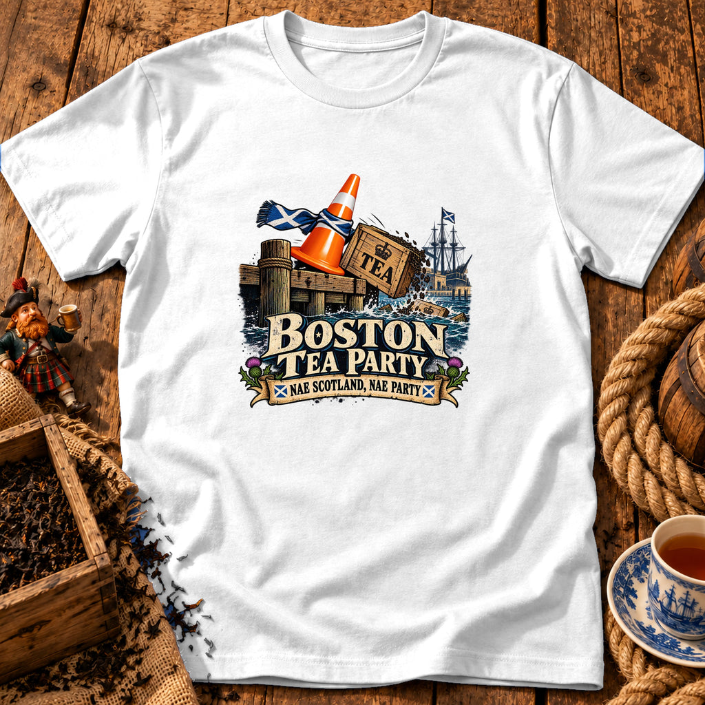 A white t-shirt featuring a humorous graphic of the Boston Tea Party themed around Scotland.